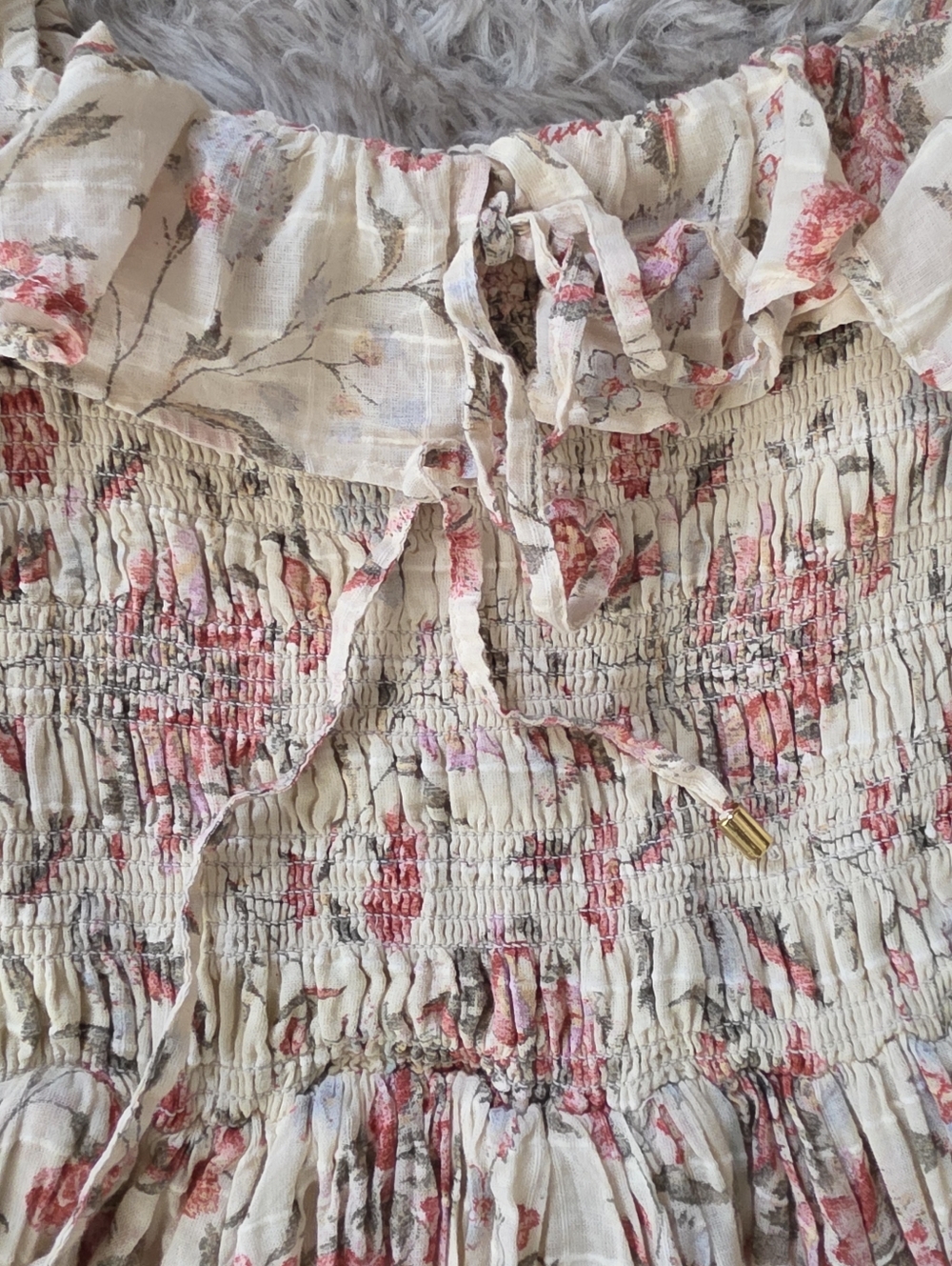 Free People Oasis Printed Midi Dress Ivory Floral Puff Sleeve Women's - Picture 9 of 16